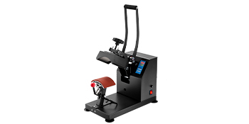 VEVOR heat press for hats, black machine with a curved base and control panel.