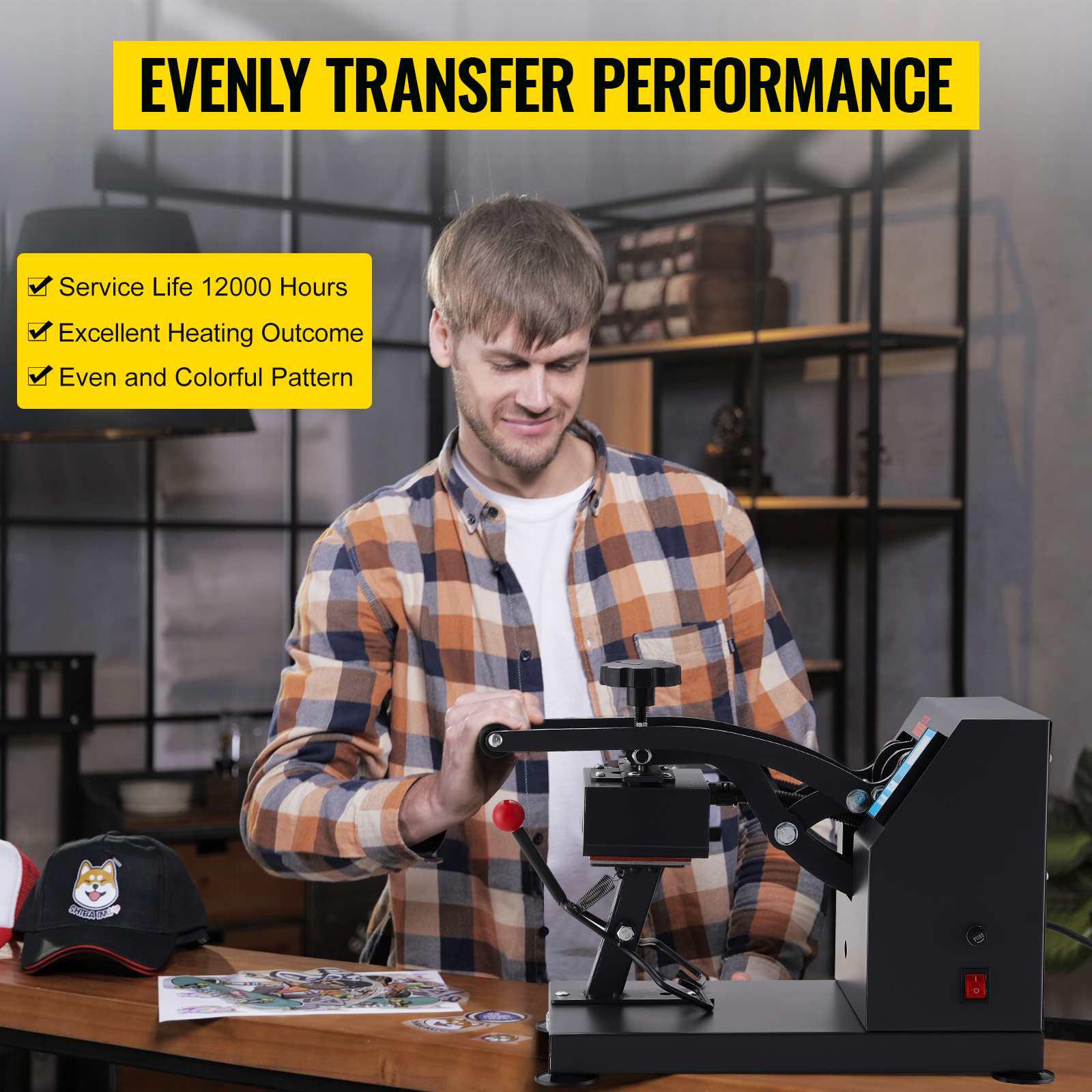 VEVOR heat press for hats on a table in a workshop, highlighting even transfer performance.