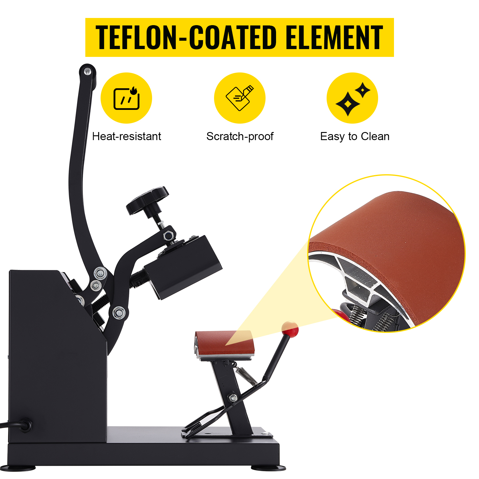 VEVOR heat press for hats with teflon-coated element, heat-resistant, scratch-proof.