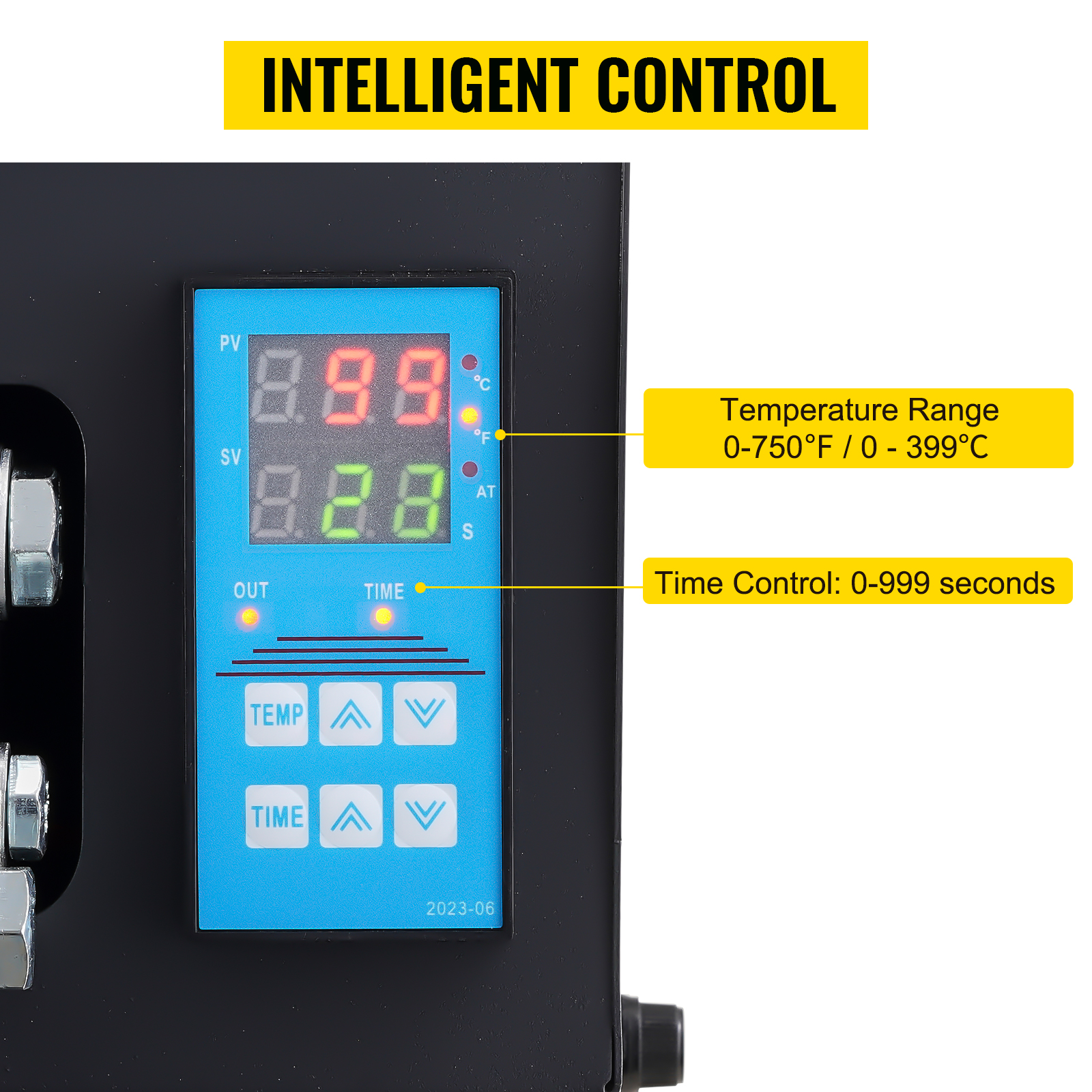 VEVOR heat press for hats with digital control, temperature range 0-750°f, time control 0-999s.