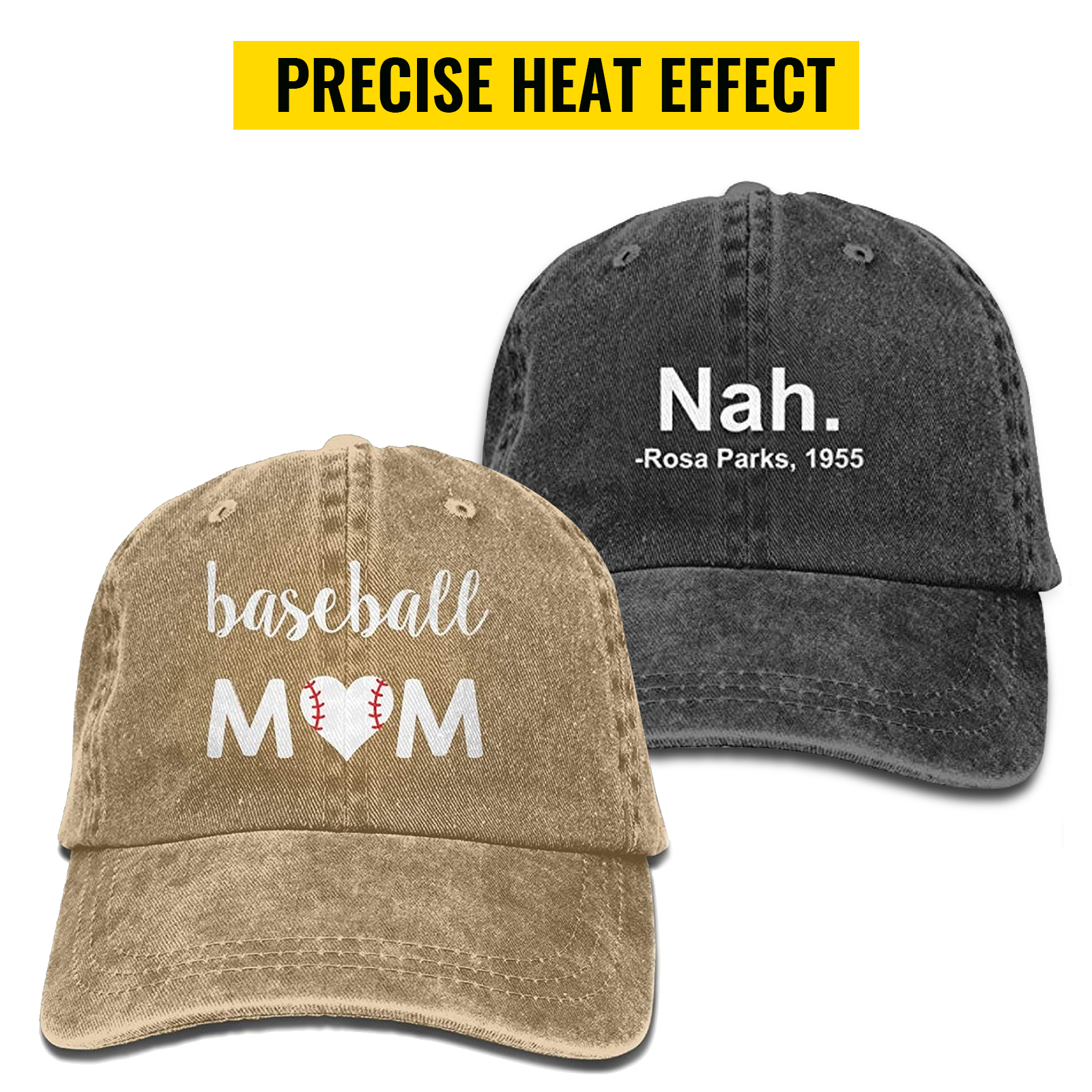 two custom hats: "baseball mom" in beige and "nah." in black. text: precise heat effect.