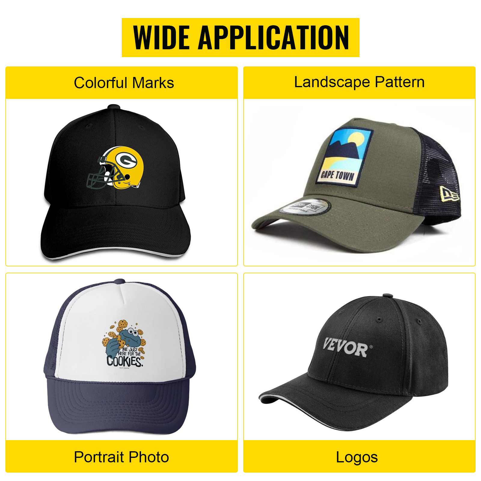 VEVOR heat press for hats: colorful marks, landscape patterns, portrait photos, logos.