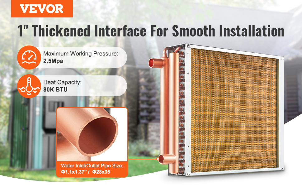VEVOR heat exchanger with 1" thickened interface, 2.5mpa working pressure, and 80k btu heat capacity.