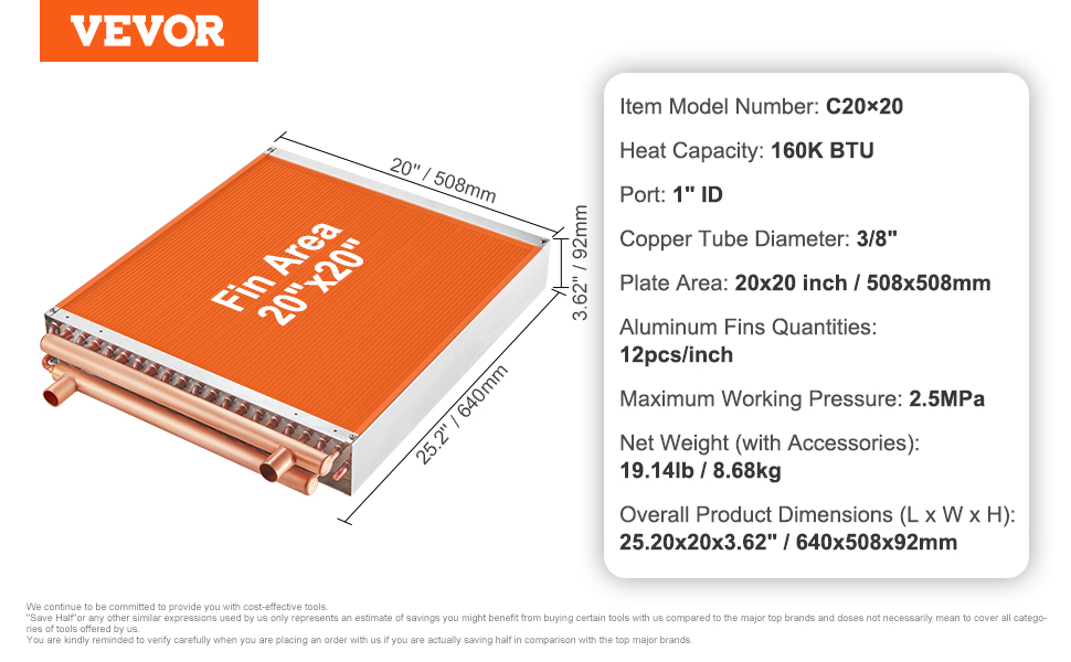 VEVOR heat exchanger dimensions, specs: 160k btu, 20"x20" plate, 3/8" copper tube, 2.5mpa pressure.