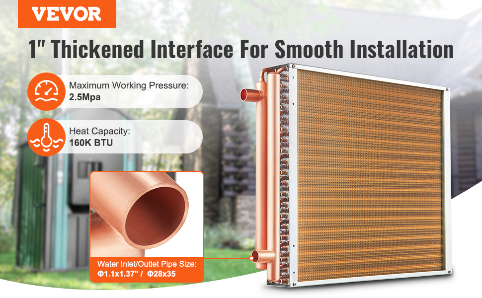 VEVOR heat exchanger with 1" thickened interface, 2.5mpa pressure, 160k btu, easy installation.