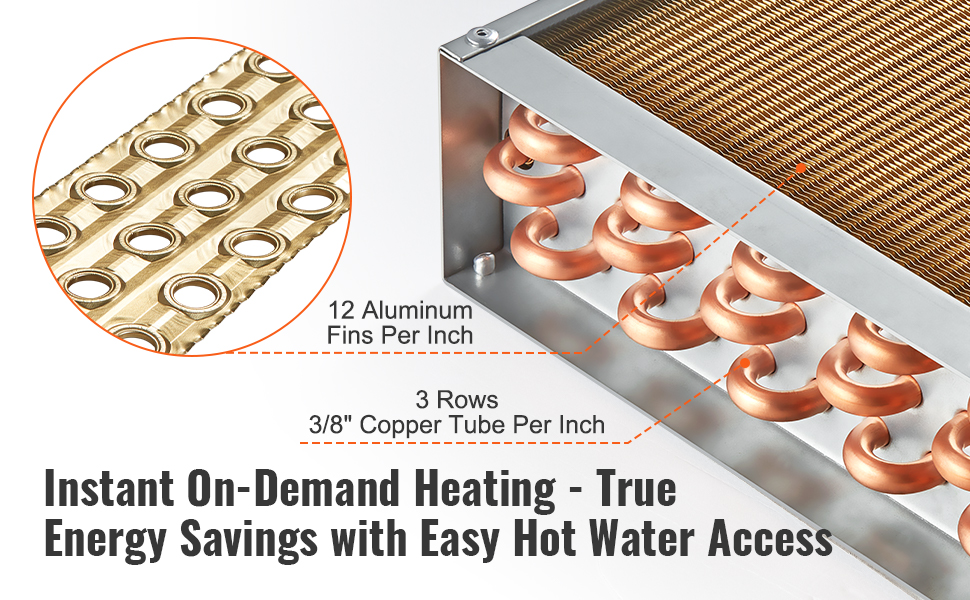 VEVOR heat exchanger showcasing 12 aluminum fins per inch and 3 rows of 3/8" copper tubes per inch.