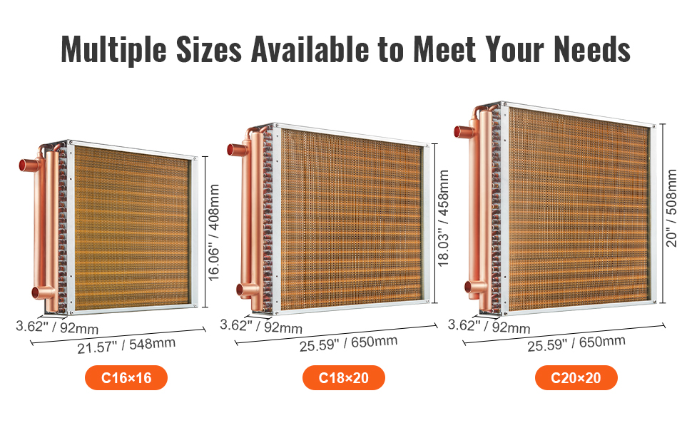 VEVOR heat exchanger in three sizes: c16x16, c18x20, and c20x20 with detailed measurements.