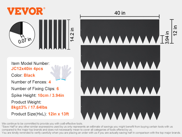 VEVOR steel landscape edging, 40-inch sections, black color, includes gloves and fixing clips.