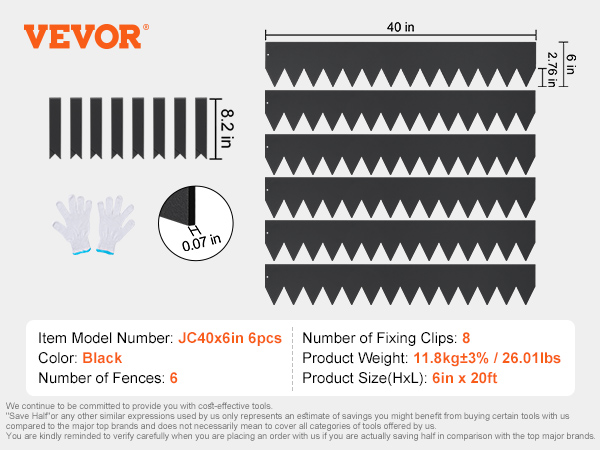 VEVOR steel landscape edging, 6 black fences, gloves, fixing clips, dimensions in inches and product details included.