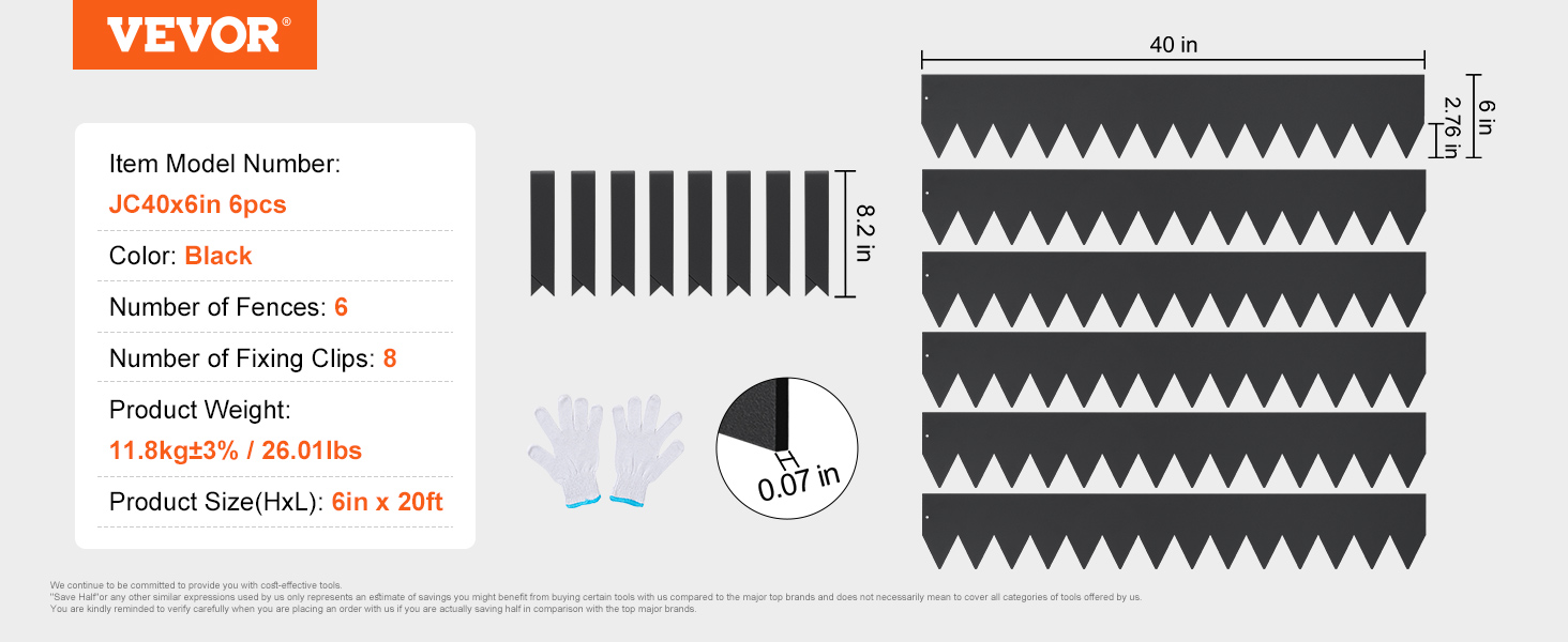 VEVOR steel landscape edging, 6 black fences, gloves, fixing clips, dimensions in inches and product details included.