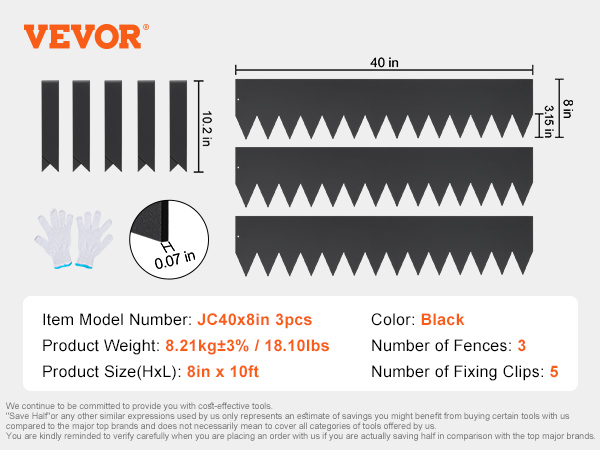 VEVOR steel landscape edging set includes 3 black fences, 5 clips, gloves, and detailed dimensions.