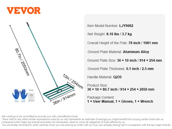 VEVOR lawn leveling rake specifications, including dimensions, weight, materials, and package contents.