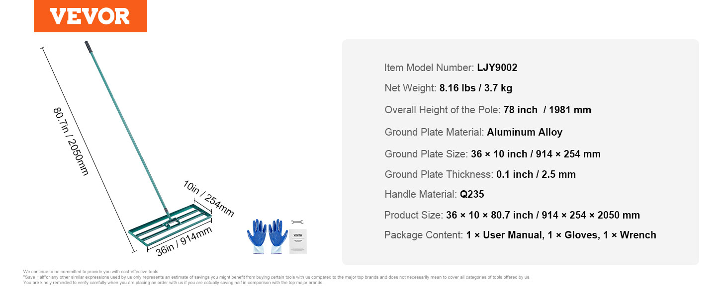 VEVOR lawn leveling rake specifications, including dimensions, weight, materials, and package contents.