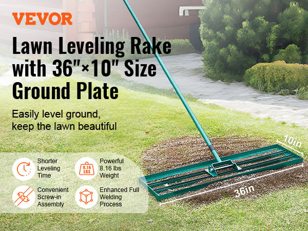 VEVOR lawn leveling rake with 36"x10" ground plate for easy soil leveling and beautiful lawns.