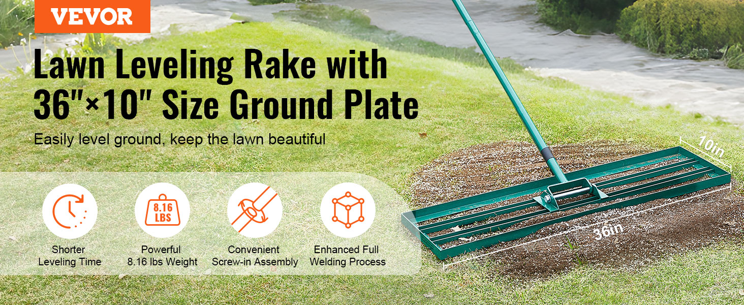 VEVOR lawn leveling rake with 36"x10" ground plate for easy soil leveling and beautiful lawns.