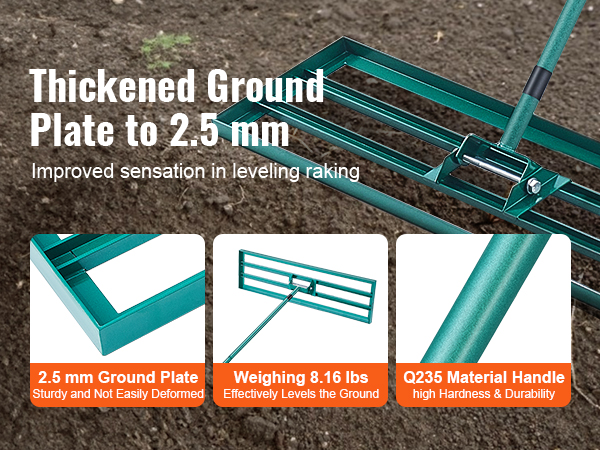 thickened ground plate VEVOR lawn leveling rake with q235 handle for durability, weight 8.16 lbs.