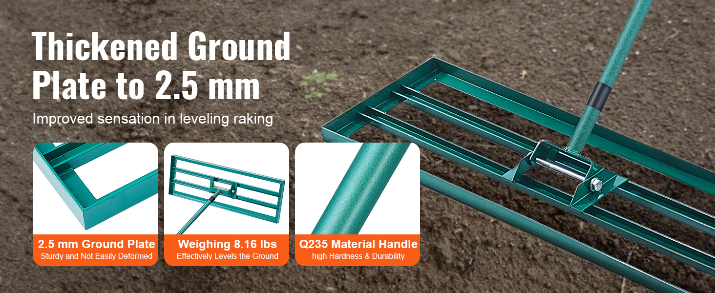 thickened ground plate VEVOR lawn leveling rake with q235 handle for durability, weight 8.16 lbs.