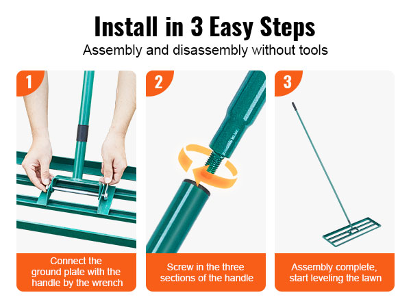 install the VEVOR lawn leveling rake in 3 easy steps: connect, screw in, and start leveling.