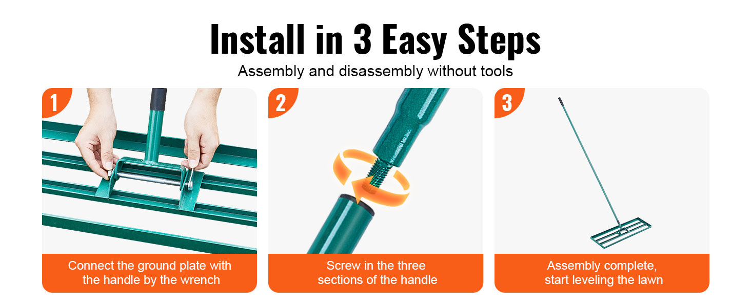 install the VEVOR lawn leveling rake in 3 easy steps: connect, screw in, and start leveling.