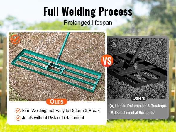 full welding process on VEVOR lawn leveling rake vs others; firm, durable with no joint detachment.