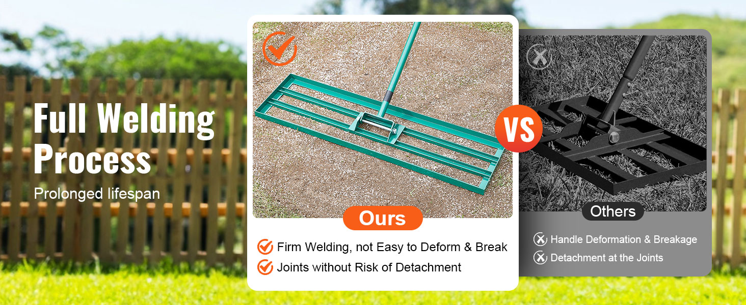 full welding process on VEVOR lawn leveling rake vs others; firm, durable with no joint detachment.