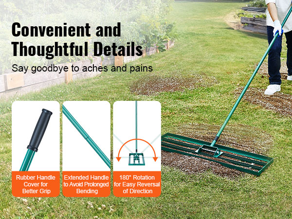VEVOR lawn leveling rake with rubber handle cover, extended handle, and 180° rotation, in a garden.