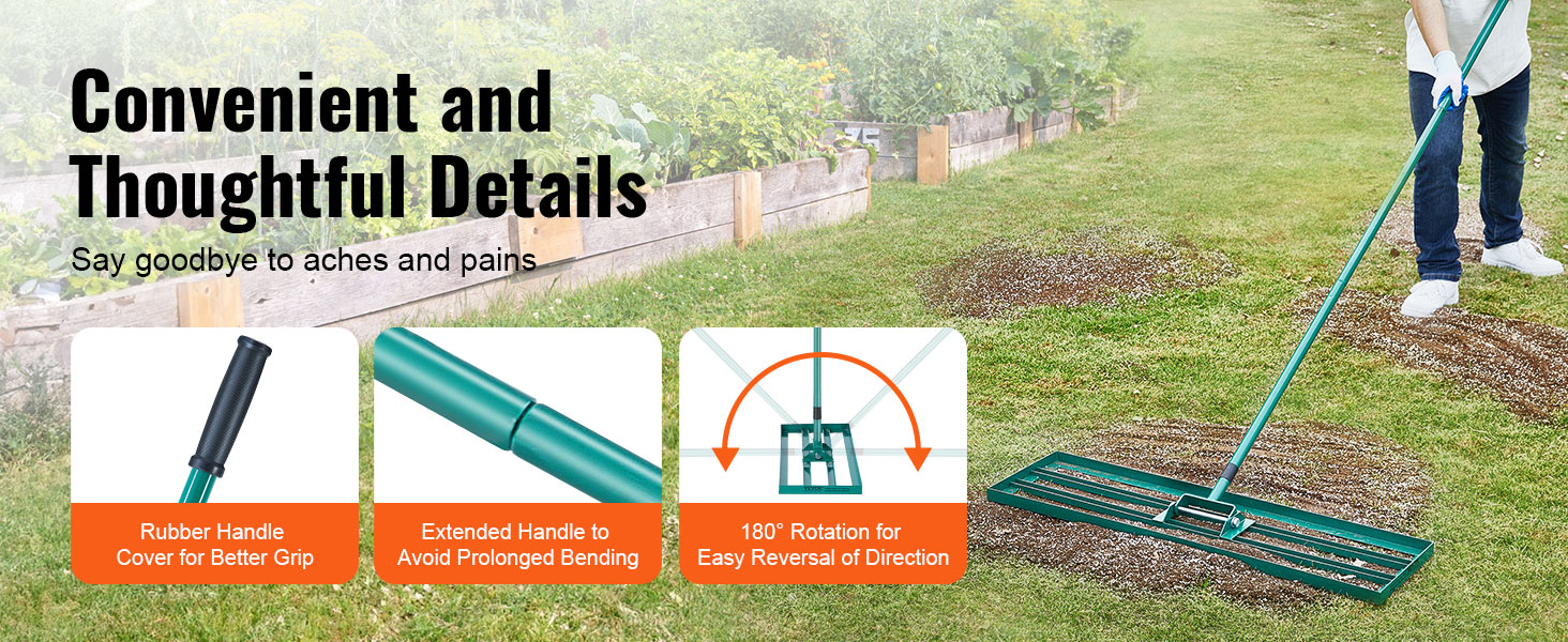 VEVOR lawn leveling rake with rubber handle cover, extended handle, and 180° rotation, in a garden.