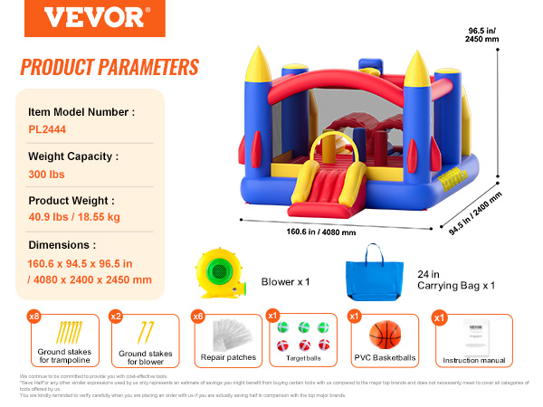 VEVOR bounce house with blower, carrying bag, stakes, repair patches, target balls, and basketball.