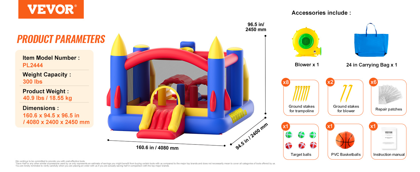 VEVOR bounce house with blower, carrying bag, stakes, repair patches, target balls, and basketball.
