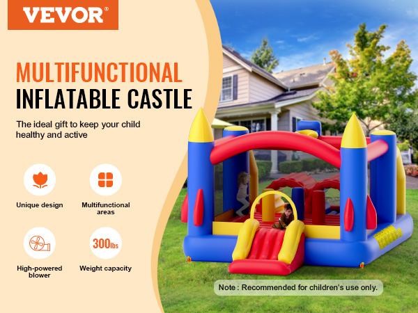 VEVOR bounce house multifunctional inflatable castle in a backyard, featuring vibrant colors and various play areas.