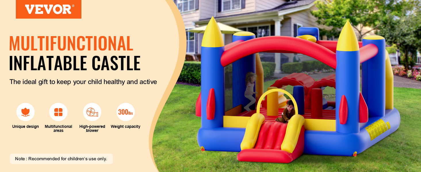 VEVOR bounce house multifunctional inflatable castle in a backyard, featuring vibrant colors and various play areas.