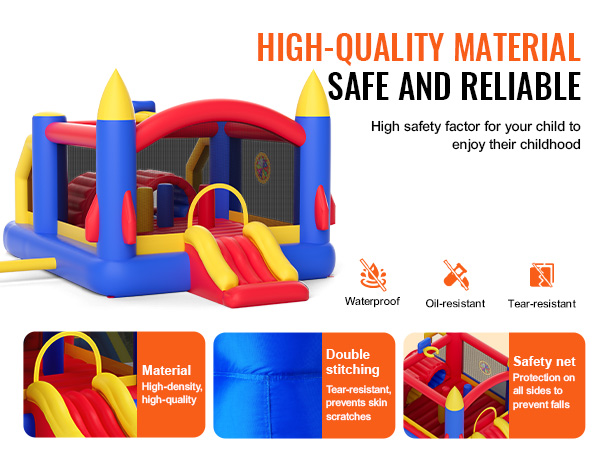 VEVOR bounce house made of high-density material with double stitching and safety net, waterproof, oil-resistant, tear-resistant.