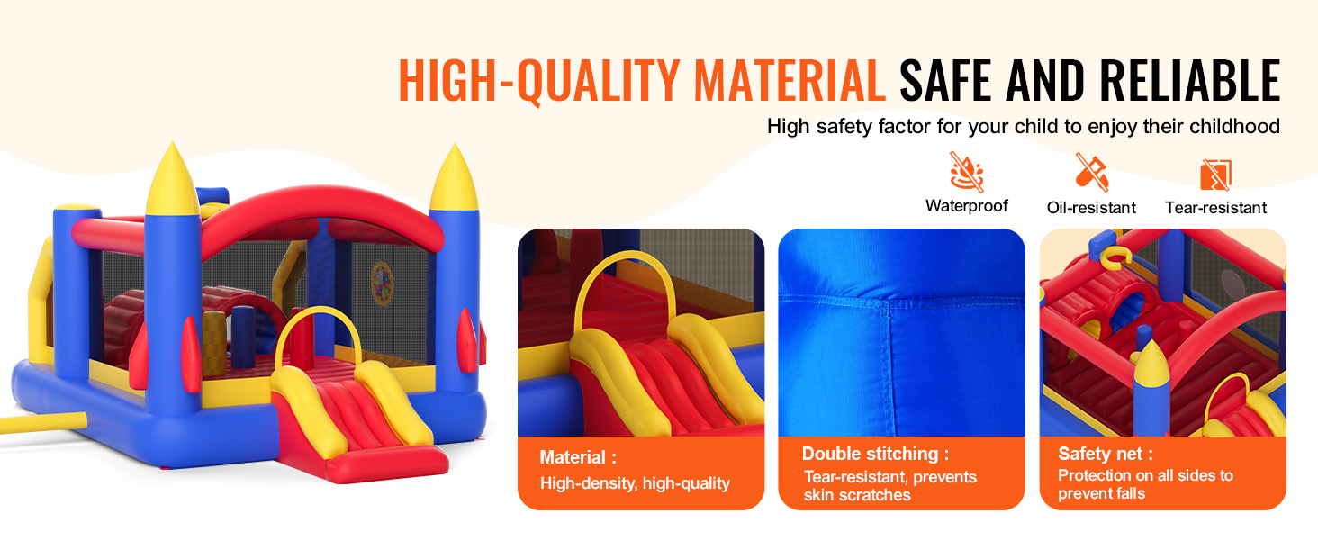 VEVOR bounce house made of high-density material with double stitching and safety net, waterproof, oil-resistant, tear-resistant.