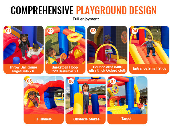 comprehensive playground design: throw ball game, basketball hoop, bounce area, slide, tunnels, stakes, target.