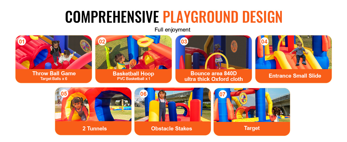 comprehensive playground design: throw ball game, basketball hoop, bounce area, slide, tunnels, stakes, target.