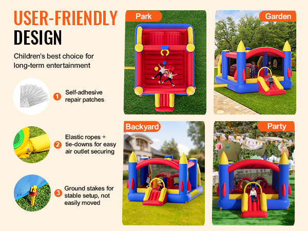 user-friendly VEVOR bounce house for backyard, garden, park, and parties, with repair patches and secure setup.