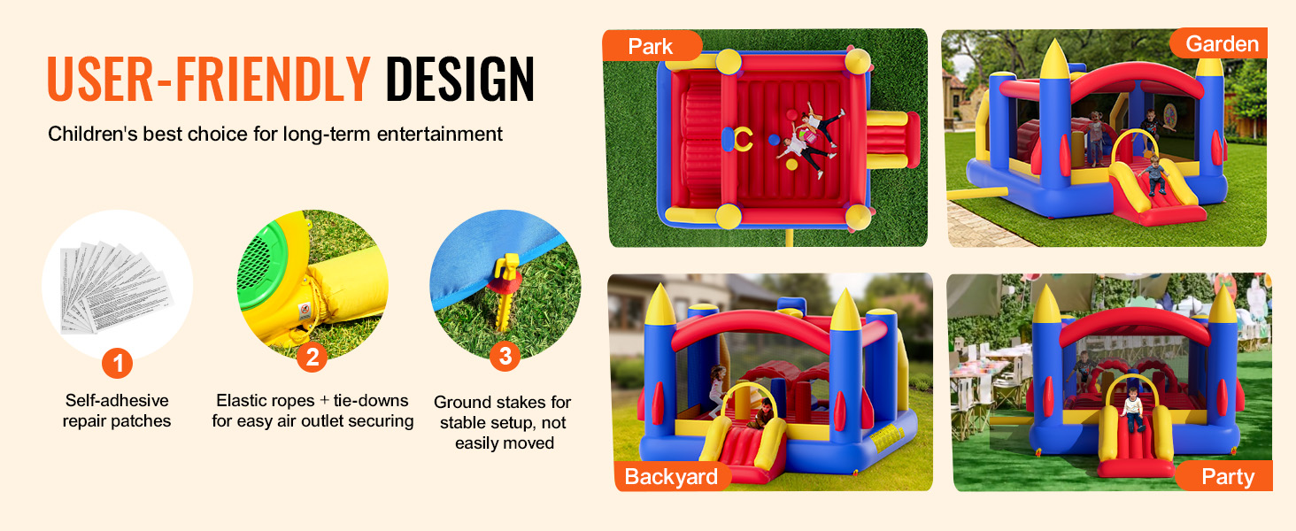 user-friendly VEVOR bounce house for backyard, garden, park, and parties, with repair patches and secure setup.