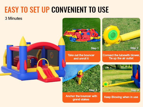 VEVOR bounce house setup instructions with colorful inflatable bouncer, blower, and ground stakes.