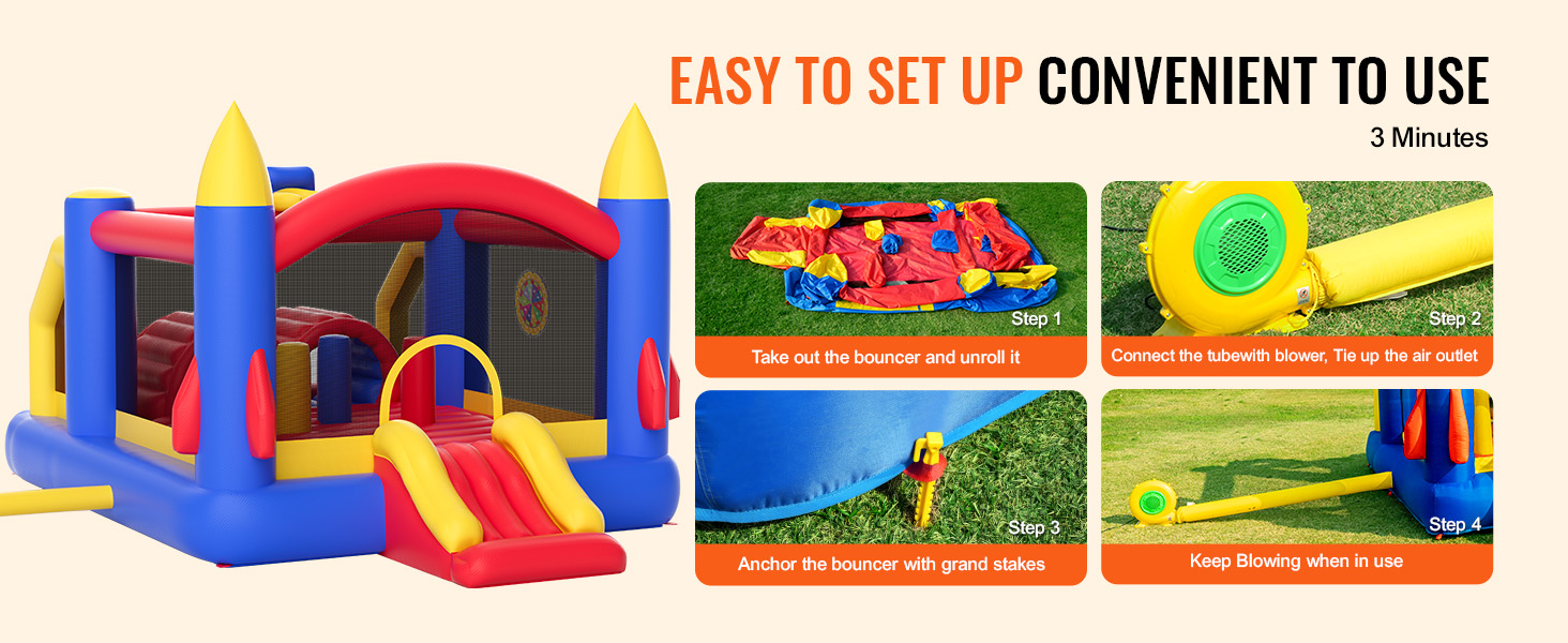 VEVOR bounce house setup instructions with colorful inflatable bouncer, blower, and ground stakes.