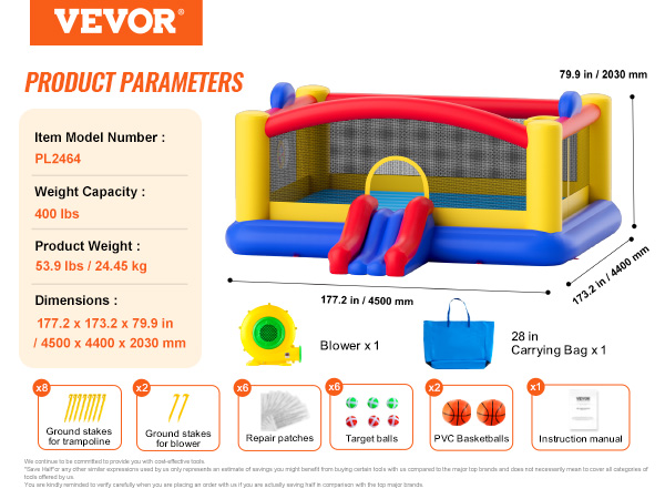 VEVOR bounce house dimensions, accessories, weight capacity, and product specifications. bright colors.