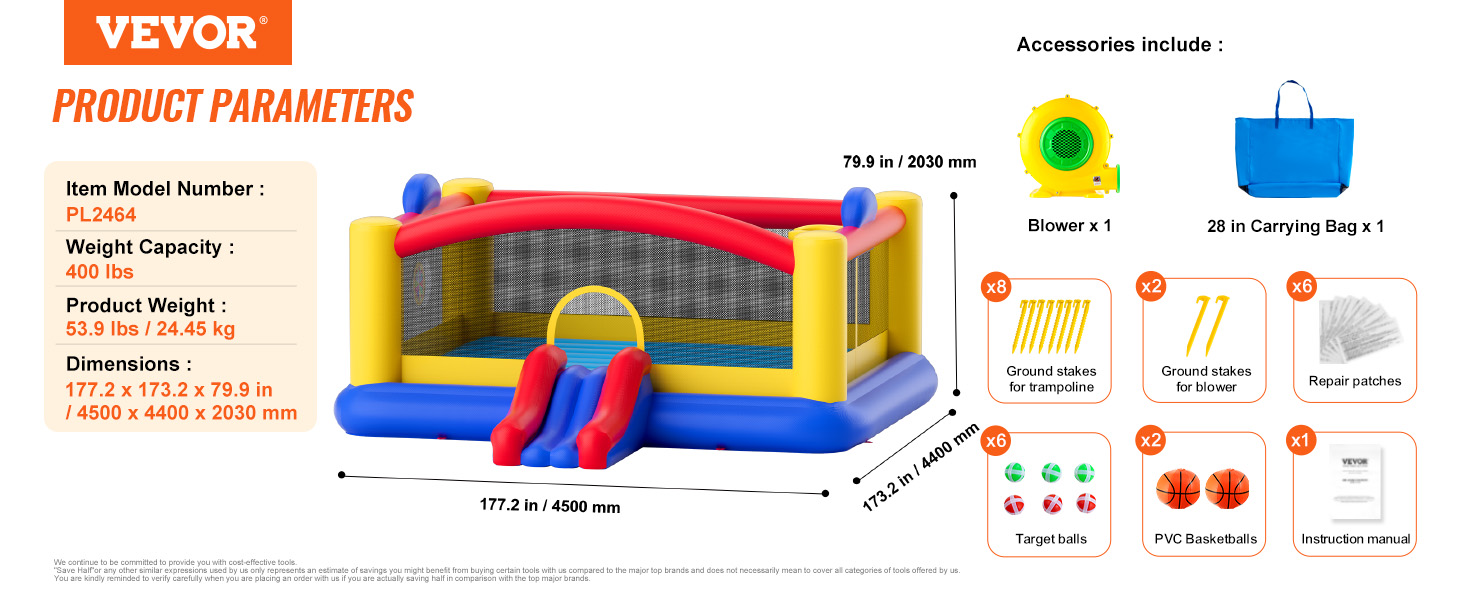 VEVOR bounce house dimensions, accessories, weight capacity, and product specifications. bright colors.