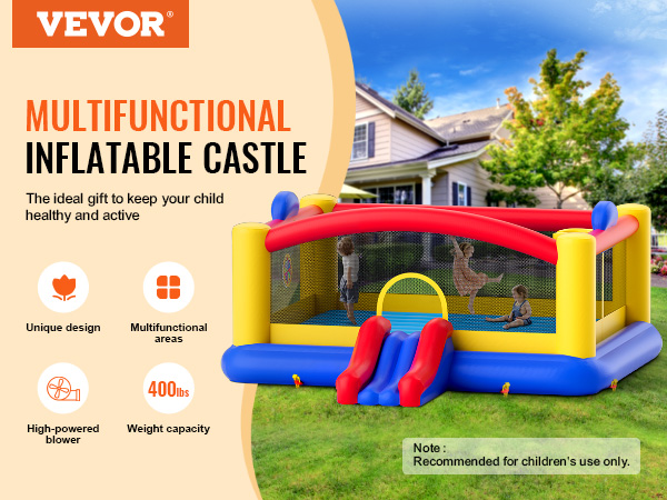 VEVOR bounce house in a backyard setting with kids playing inside a colorful inflatable castle.
