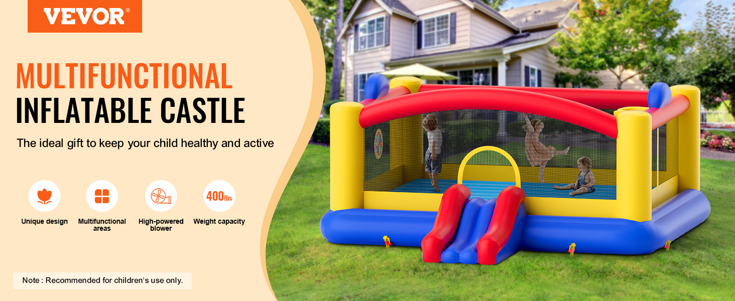 VEVOR bounce house in a backyard setting with kids playing inside a colorful inflatable castle.