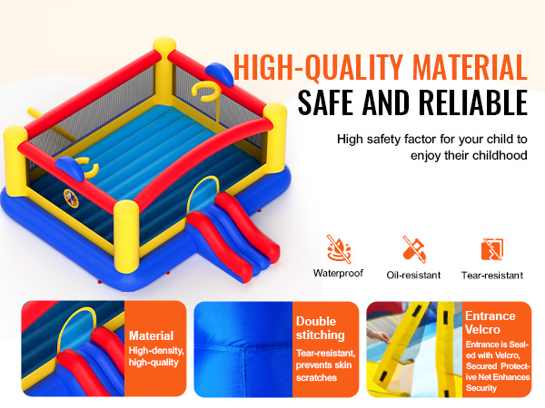 VEVOR bounce house with high-density material, double stitching, secure entrance, waterproof, oil-resistant, tear-resistant.