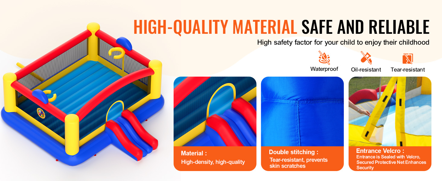 VEVOR bounce house with high-density material, double stitching, secure entrance, waterproof, oil-resistant, tear-resistant.