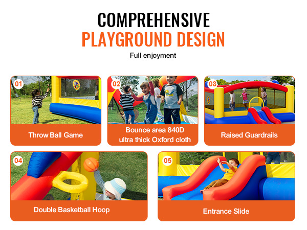 VEVOR bounce house with basketball court simulation, throw ball game, raised guardrails, and entrance slide.