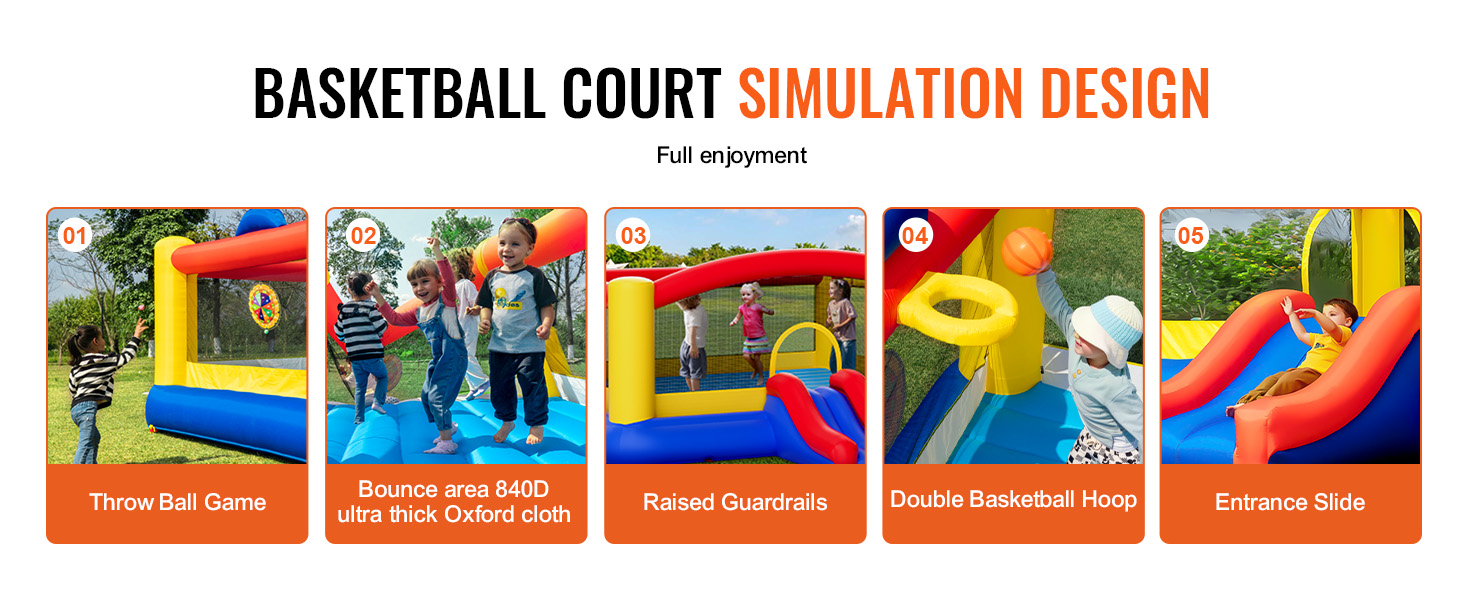 VEVOR bounce house with basketball court simulation, throw ball game, raised guardrails, and entrance slide.