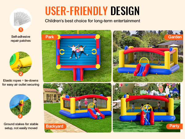 VEVOR bounce house for kids in park, garden, backyard, and party, with slides and safety netting.
