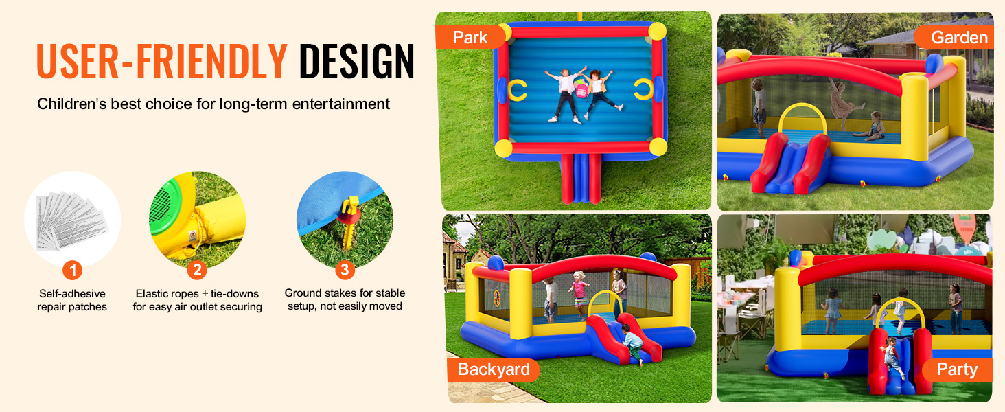 VEVOR bounce house for kids in park, garden, backyard, and party, with slides and safety netting.
