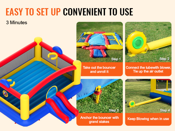 VEVOR bounce house setup steps with blower, anchoring stakes, and inflatable play area. easy and convenient.